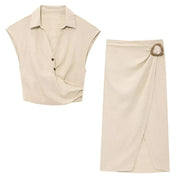 new women's fashion pleated lapel sleeveless top with buckle