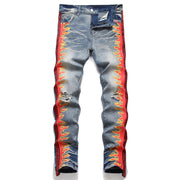Embroidered Stretch Graffiti Print Ripped Jeans