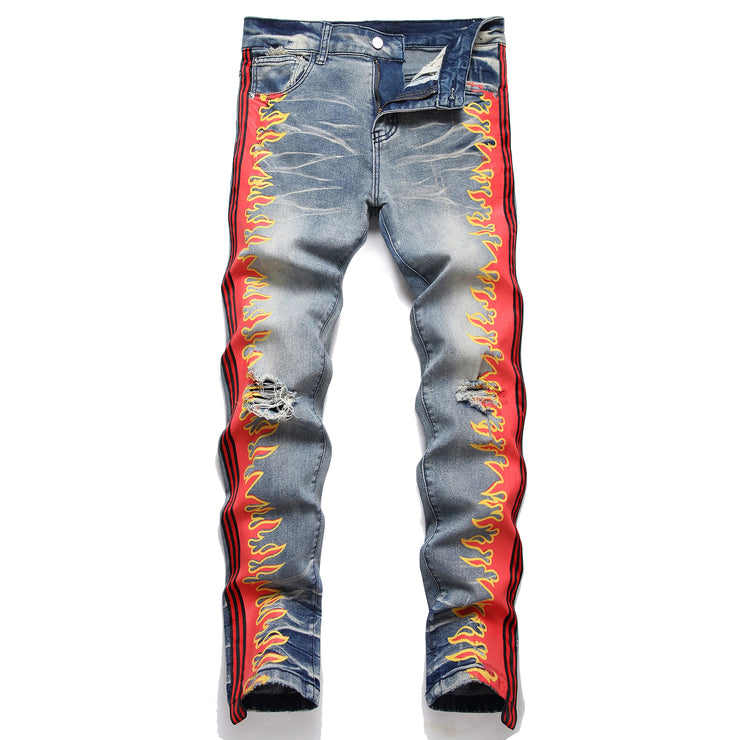 Embroidered Stretch Graffiti Print Ripped Jeans