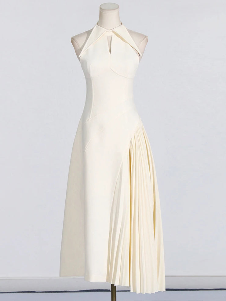 Luxury Solid Hollow Out Patchwork Folds Elegant Dress