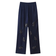 New Lace up Silk Satin Texture Suit Collar Coat Straight Leg Trouser Set