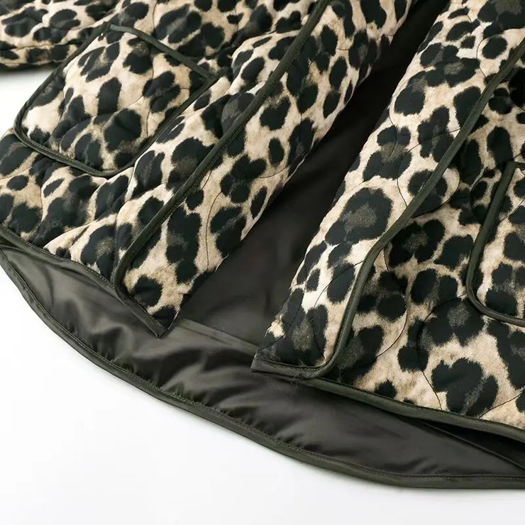 RETRO GREEN BLACK LEOPARD PRINT LAPEL QUILTED COAT