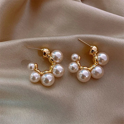 Gold Color Hoop Imitation Pearl C Shape Earrings