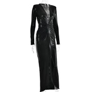 Articat Sexy Deep V Long Sleeve Lace Up Pleated Dress