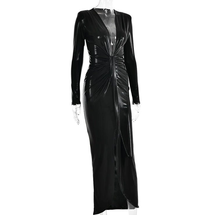 Articat Sexy Deep V Long Sleeve Lace Up Pleated Dress