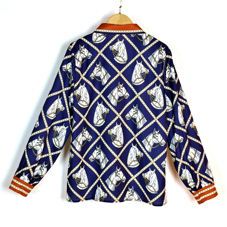 Luxury Imitation Silk Horse Deep Blue Long Sleeves Shirt