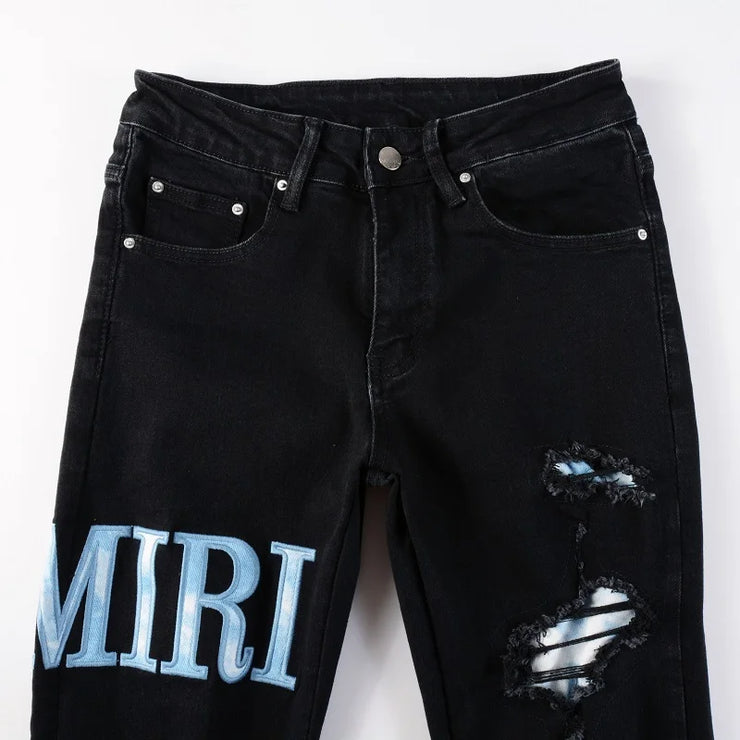 Men's High Street Black Jeans Embroidered Letters Skinny Stretch Jeans