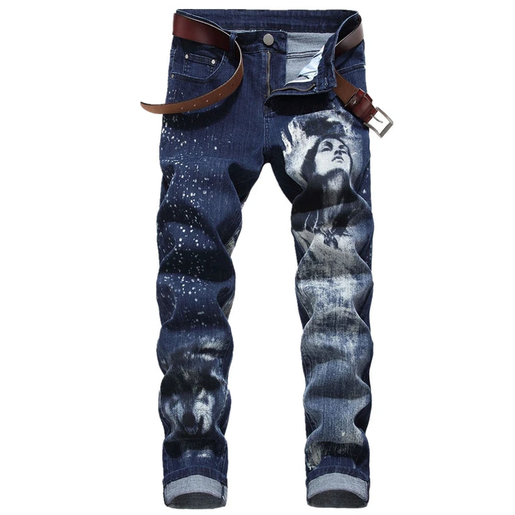 Black Wolf Pattern Printed Punk Straight denim