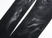 Black Wolf Pattern Printed Punk Straight denim