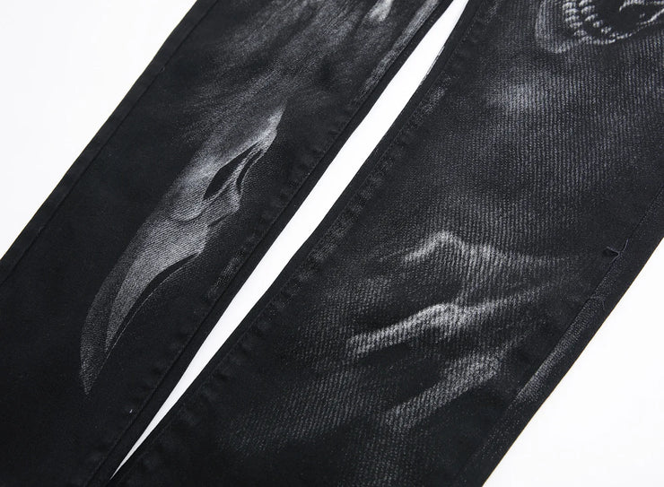 Black Wolf Pattern Printed Punk Straight denim