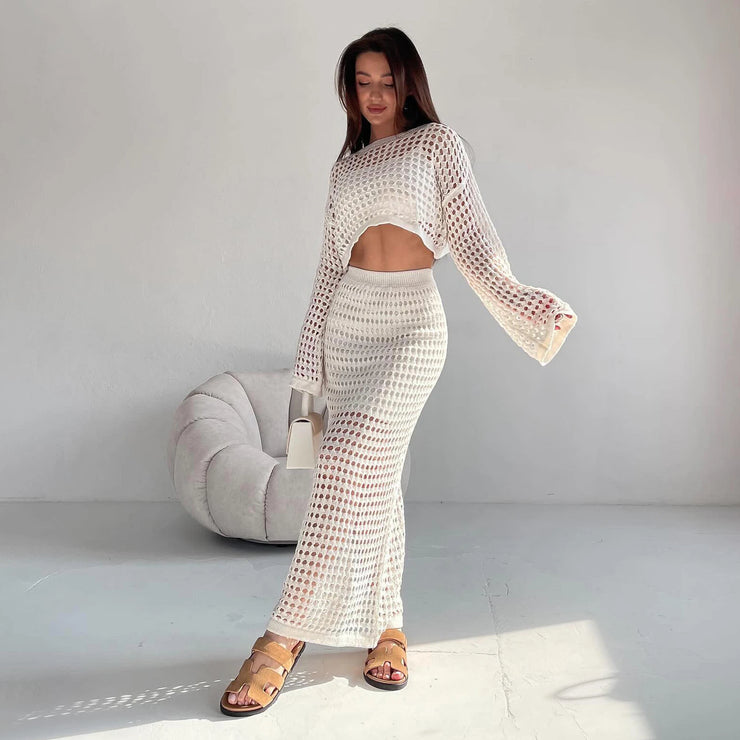 Women Casual Crochet Knit Two Piece Skirt