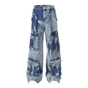 Casual Multi-pocket Washed Bottom Straight jeans