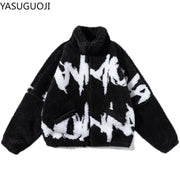 FAUX FUR LETTER PRINTRD STREETWEAR FLEECE  JIPPER COAT