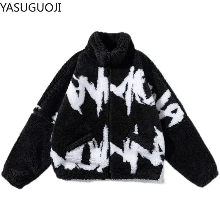 FAUX FUR LETTER PRINTRD STREETWEAR FLEECE  JIPPER COAT