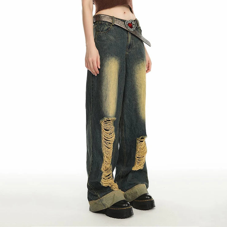 High Street Vintage Distressed Washed Hole Fashion Denim