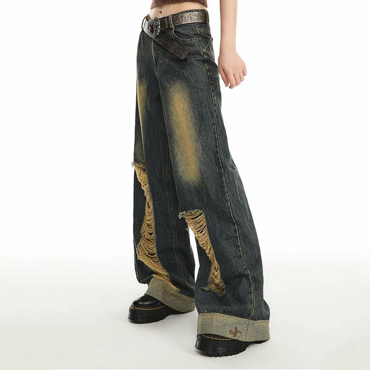 High Street Vintage Distressed Washed Hole Fashion Denim