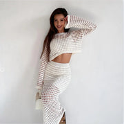 Women Casual Crochet Knit Two Piece Skirt