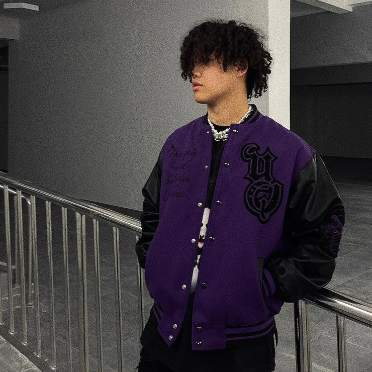 Retro Hip Hop Eagle Pattern Embroidery Splicing Jacket