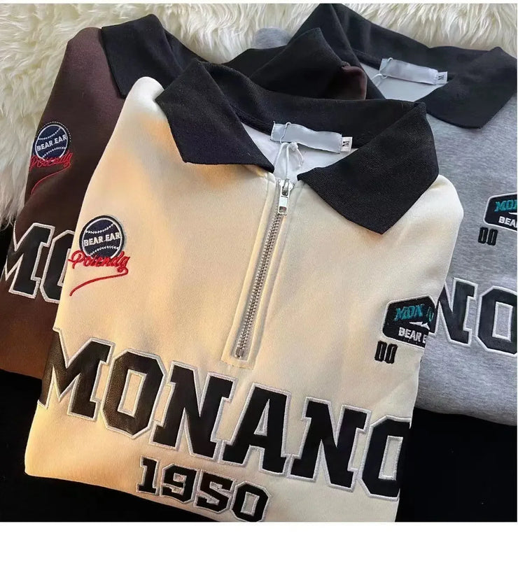 Casual POLO Collar Embroidered Long Sleeve Sweatshirt