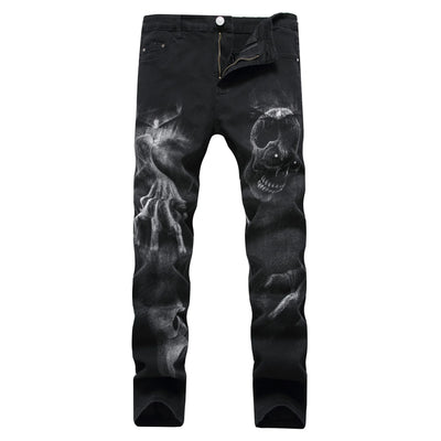 Black Wolf Pattern Printed Punk Straight denim