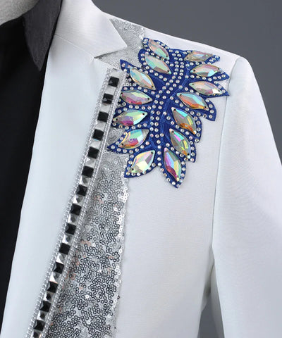 White Singer Host Stage Performance Patchwork Jacket and Pants