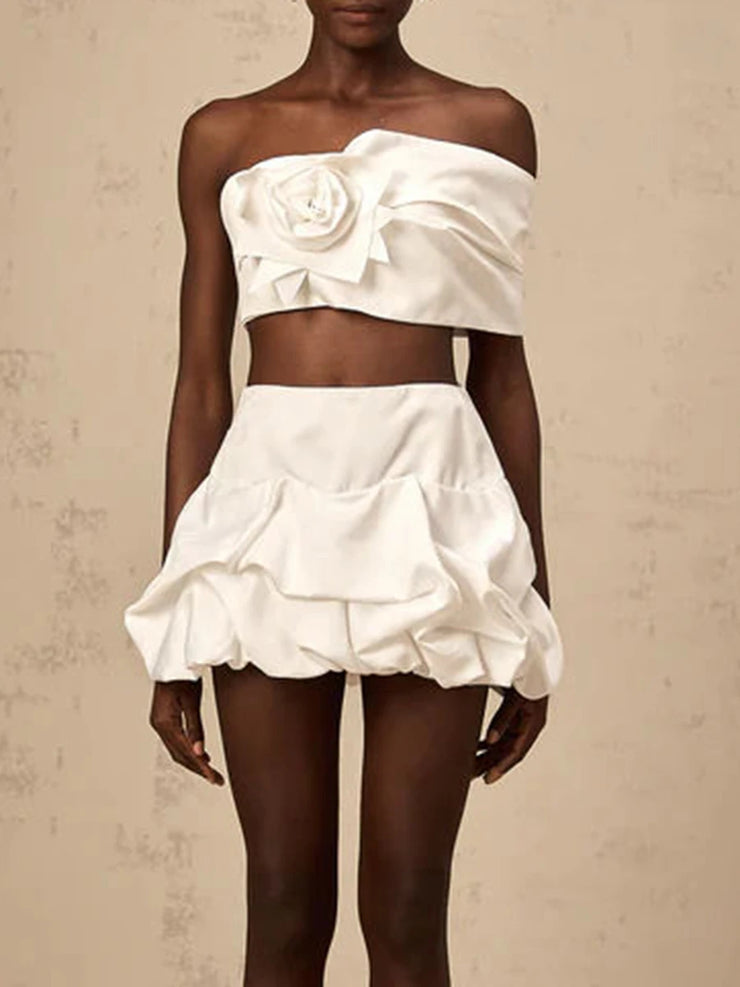 Two Twin Solid Strapless Spliced 3D Flower Two Piece Set