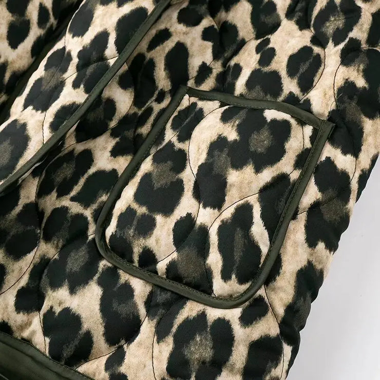 RETRO GREEN BLACK LEOPARD PRINT LAPEL QUILTED COAT
