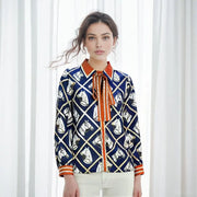 Luxury Imitation Silk Horse Deep Blue Long Sleeves Shirt