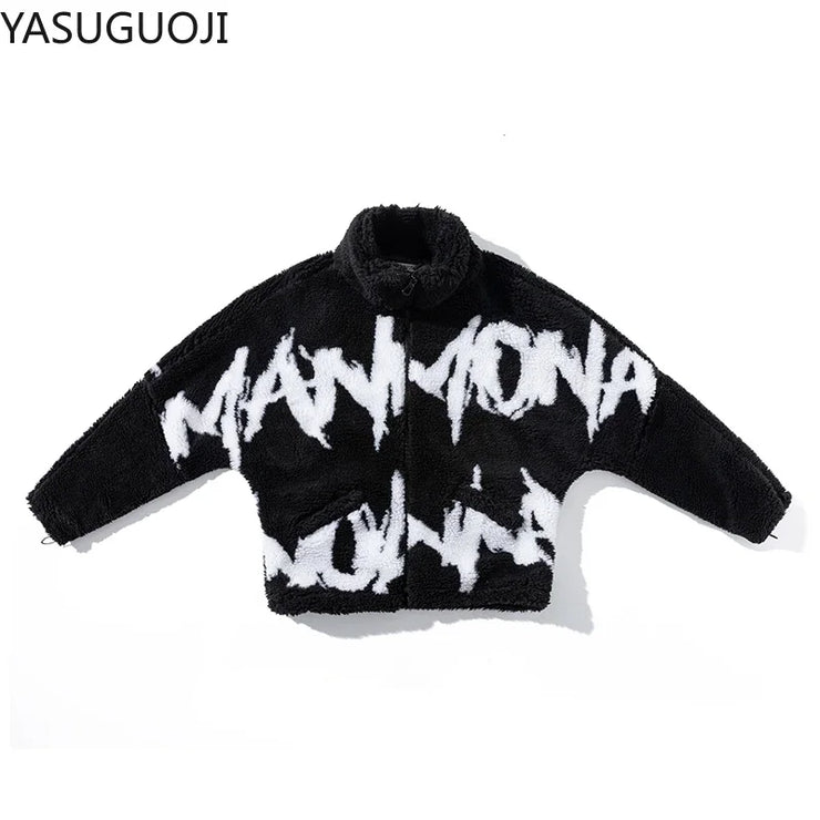 FAUX FUR LETTER PRINTRD STREETWEAR FLEECE  JIPPER COAT