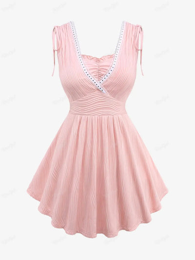 New Rose Cinched Shoulder Rivet Lace Trim Textured Tank Top