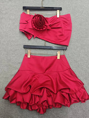 Two Twin Solid Strapless Spliced 3D Flower Two Piece Set