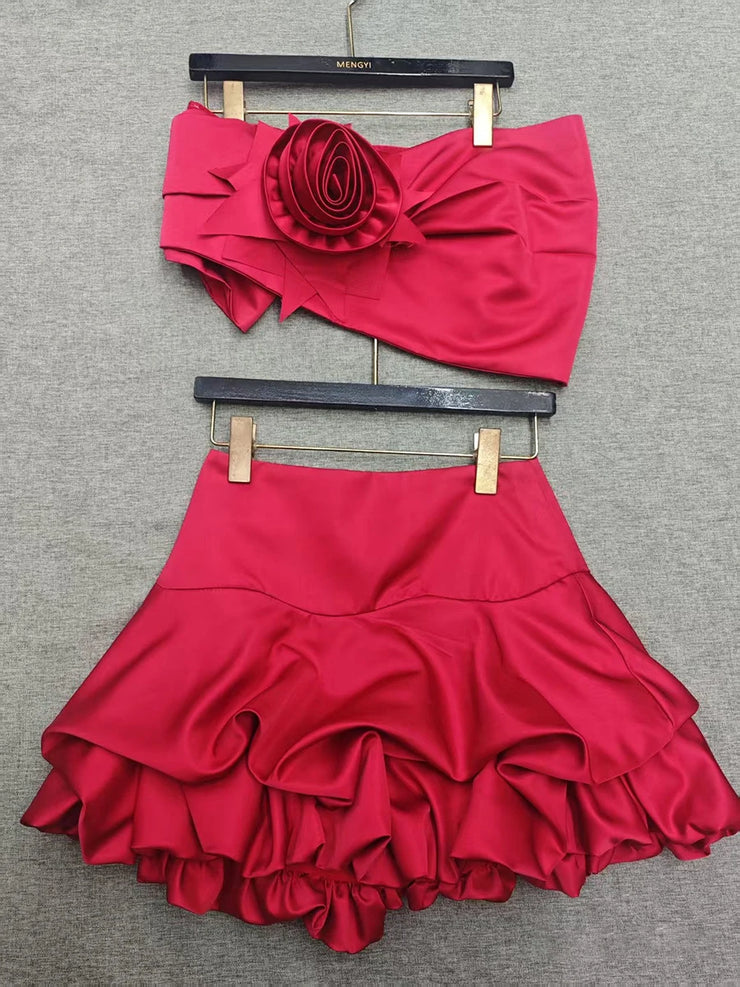 Two Twin Solid Strapless Spliced 3D Flower Two Piece Set