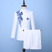 Men Chinese Tunic Sequin Embroidery 2 Pieces Dress Suit