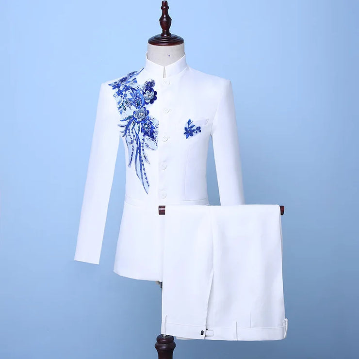 Men Chinese Tunic Sequin Embroidery 2 Pieces Dress Suit
