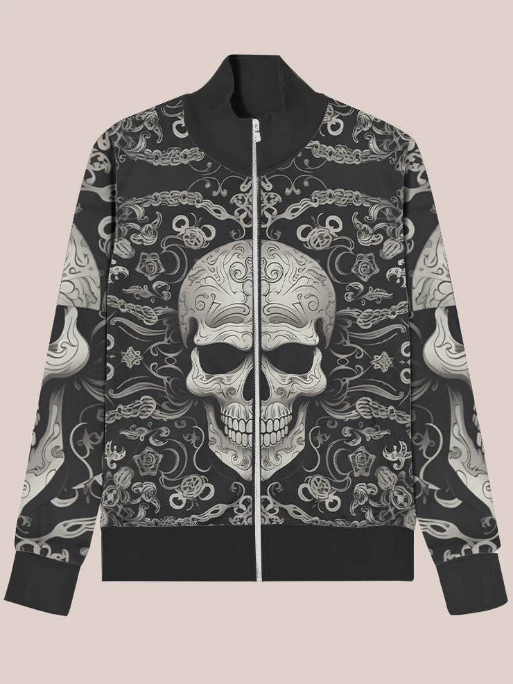Gothic skull 3d pattern zip up bomber jacket