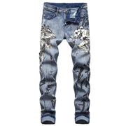 Black Wolf Pattern Printed Punk Straight denim