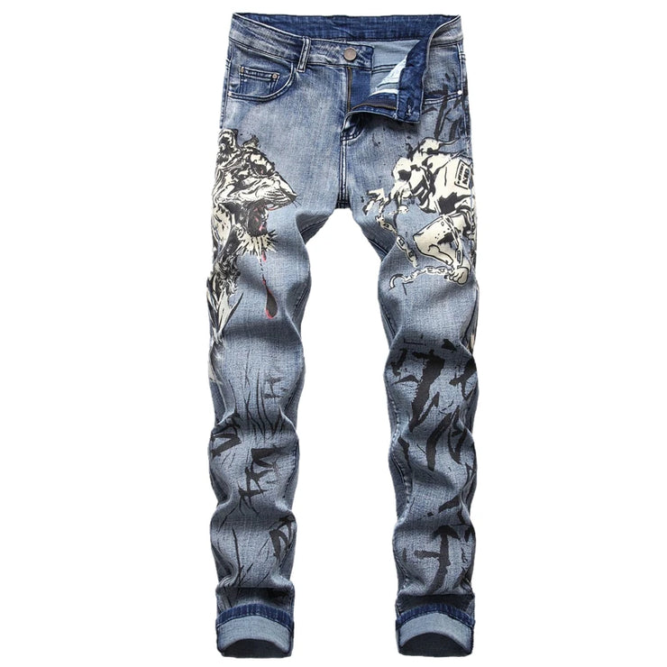 Black Wolf Pattern Printed Punk Straight denim