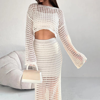 Women Casual Crochet Knit Two Piece Skirt