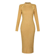 New Long Sleeve Round Neck Slim Midi Knit Dress