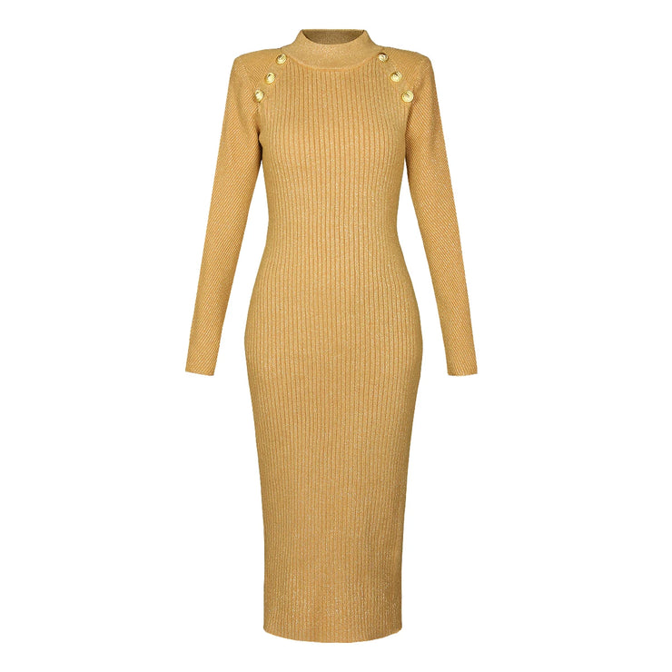 New Long Sleeve Round Neck Slim Midi Knit Dress