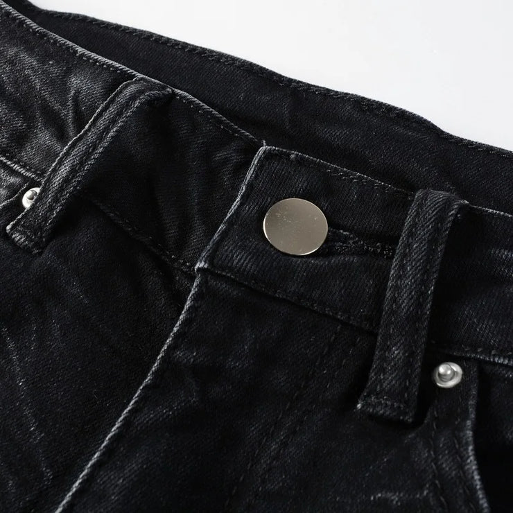 Men's High Street Black Jeans Embroidered Letters Skinny Stretch Jeans