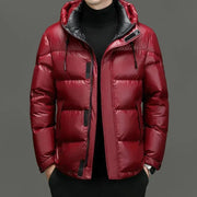 Men's Hooded Down Red Shiny Cold-Resistant Jacket