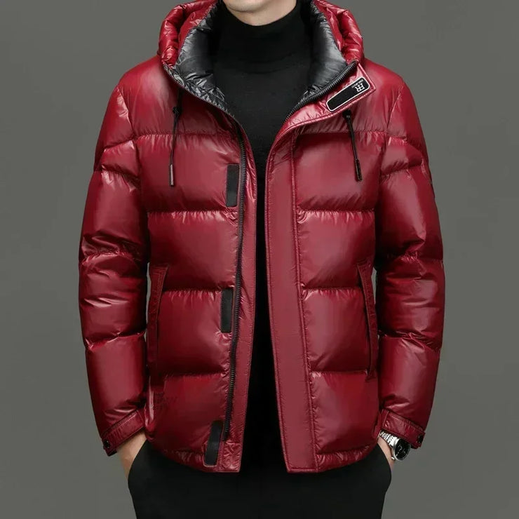 Men's Hooded Down Red Shiny Cold-Resistant Jacket