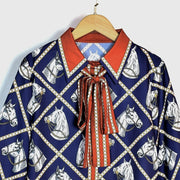 Luxury Imitation Silk Horse Deep Blue Long Sleeves Shirt