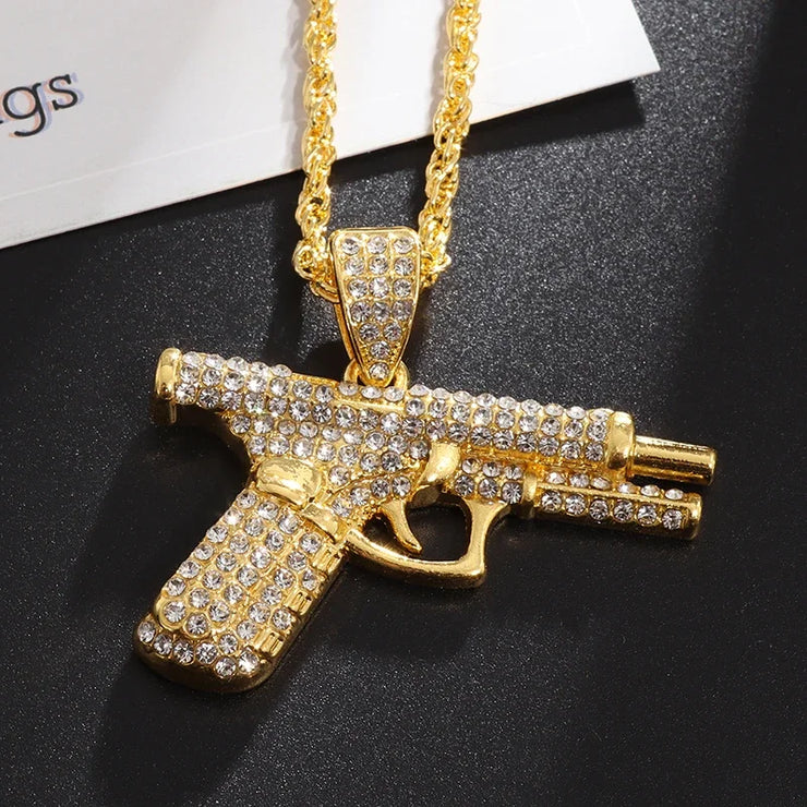 Bling Iced Out Pistol Pendant Submachine Gun Necklace