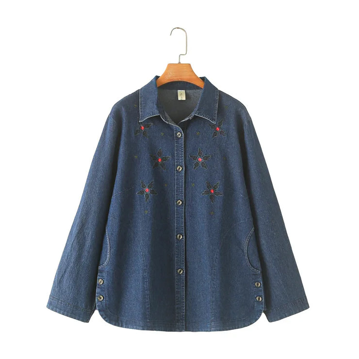 WOMEN'S LOOSE DENIM EMBROIDERED LONG SLEEV
