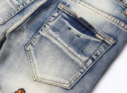 Designer Embroidered Hollow Letter Elastic Mid Rise Denim