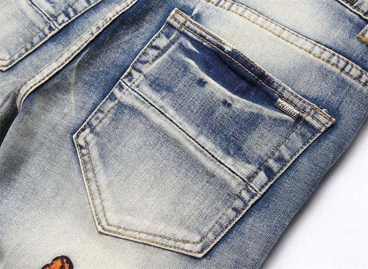 Designer Embroidered Hollow Letter Elastic Mid Rise Denim
