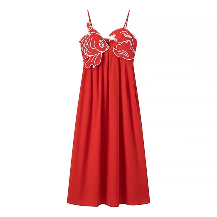 Women's sleeveless embroidery loose waist slimming suspender dress