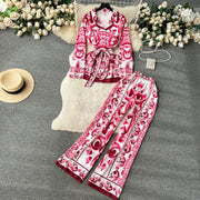 HIGH QUALITY TWO-PIECE NOTCHED COLLAR PORCELAIN PRINTED DRESS